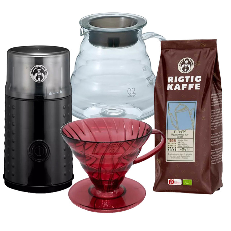 Hario filterbryggningsset Inkl. V60 Dripper Momiji röd, Server 0,6 L, kaffekvarn & 400g Rigtig Kaffe