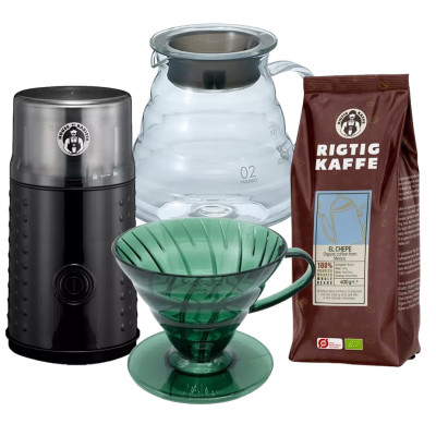Hario filterbryggningsset Inkl. V60 Dripper Bonsai grön, Server 0,6 L, kaffekvarn & 400g Rigtig Kaffe