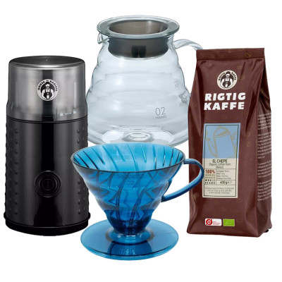 Hario filterbryggningsset Inkl. V60 Dripper Aizome Blå, Server 0,6 L, kaffekvarn & 400g Rigtig Kaffe
