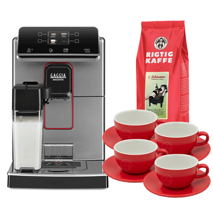 Gaggia Magenta Prestige Glazed Grey espressomaskin Inkl. 4x Club House Tulipano Cappuccino med fat röd & 500g Rigtig Kaffe