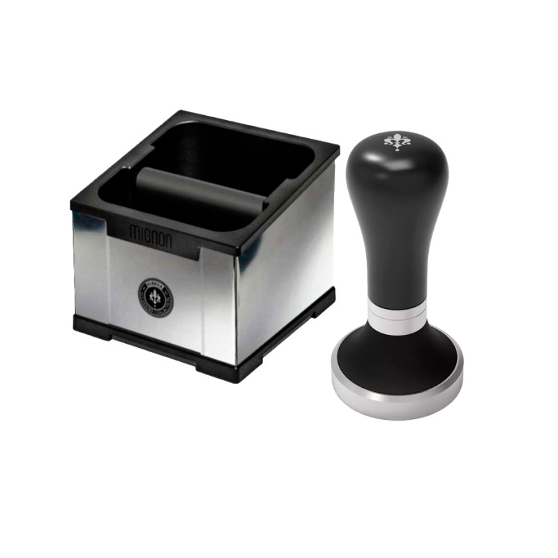 Eureka Mignon Knock Box Chrome Inkl. Tamper Perfect Grip Sort 58 mm