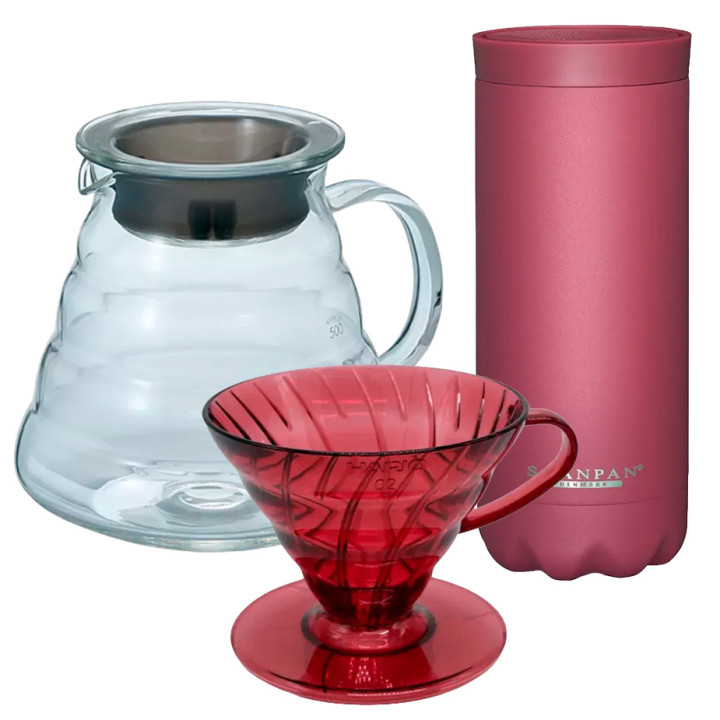 Hario Dripper V60 Momiji Rød 2 Kop. Inkl. Filtre, 60 cl Server & Termokrus