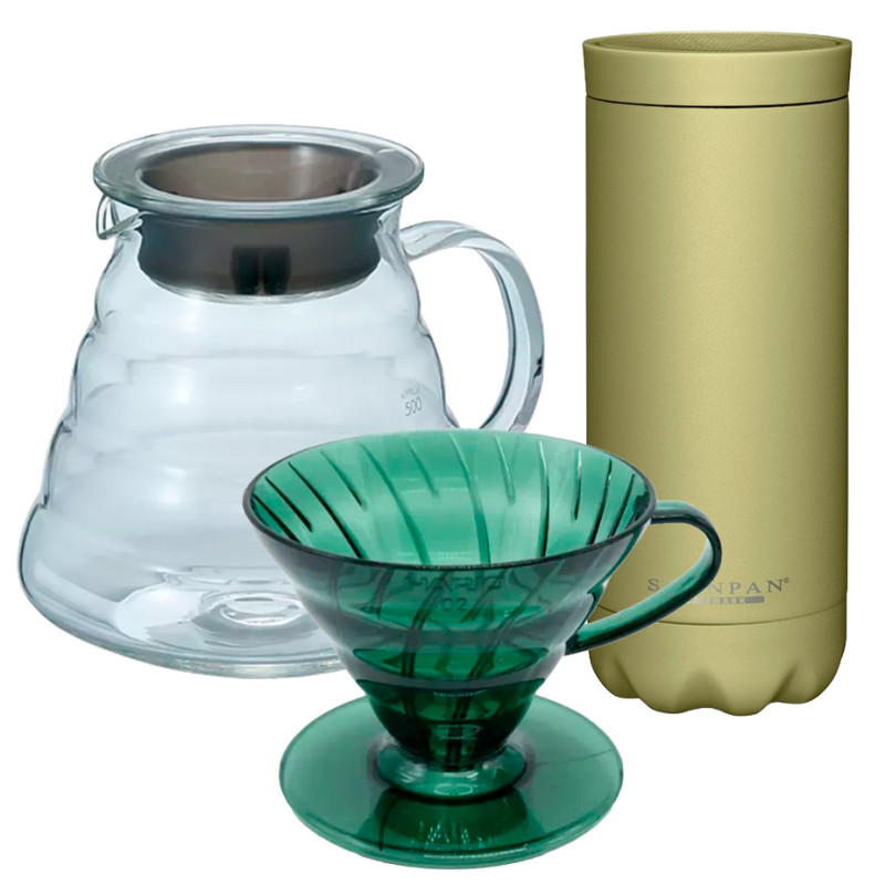 Hario Dripper V60 Bonsai Grøn 2 Kop. Inkl. Filtre, 60 cl Server & Termokrus