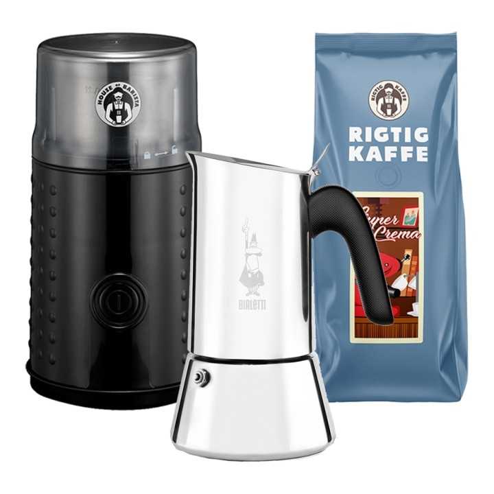 House of Barista Kaffekvarn Inkl. Bialetti Venus 4 Koppar Mokabryggare & Kaffe