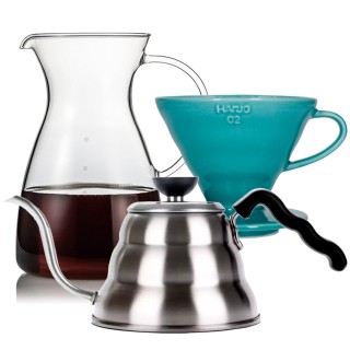 Hario Filterbryggning Set Inkl. V60-02 Dripper 2 Koppar, Glaskanna 0,4 L & Vattenkokare