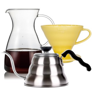 Hario Filterbryggning Set Inkl. V60-02 Dripper 2 Koppar, Glaskanna 0,4 L & Vattenkokare
