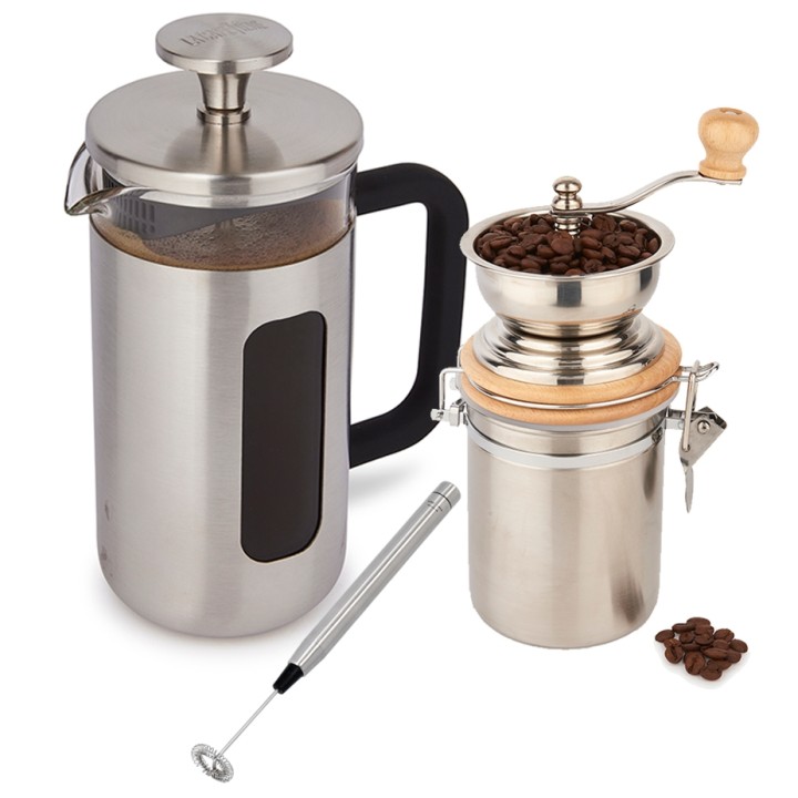 La Cafetière Pisa 8-kop Presskanna Rostfritt Stål, Kaffekvarn och Mjölkskummare