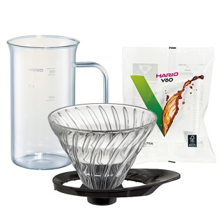 Hario V60-02 Glasdripper Svart 2 Koppar, Hario Craft Science Mätbägare 50 cl och Hario Pappersfilter 2 Koppar. 100 Stk.