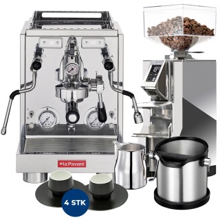 La Pavoni New Botticelli Specialty LPSBSS03NO Espressomaskin Inkl. Eureka Libra Chrome Kvarn, Baristautrustning & 4 Koppar