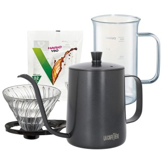 La Cafetière Vattenkokare 0,6 L Svart och Hario glasdripper, Craft Science Mätkanna och Pappersfilter