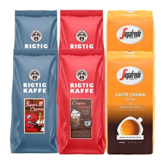 Mixpaket 6kg Rigtig Kaffe Super Crema, Crema Intenso & Segafredo Caffé Crema Dolce Hela kaffebönor