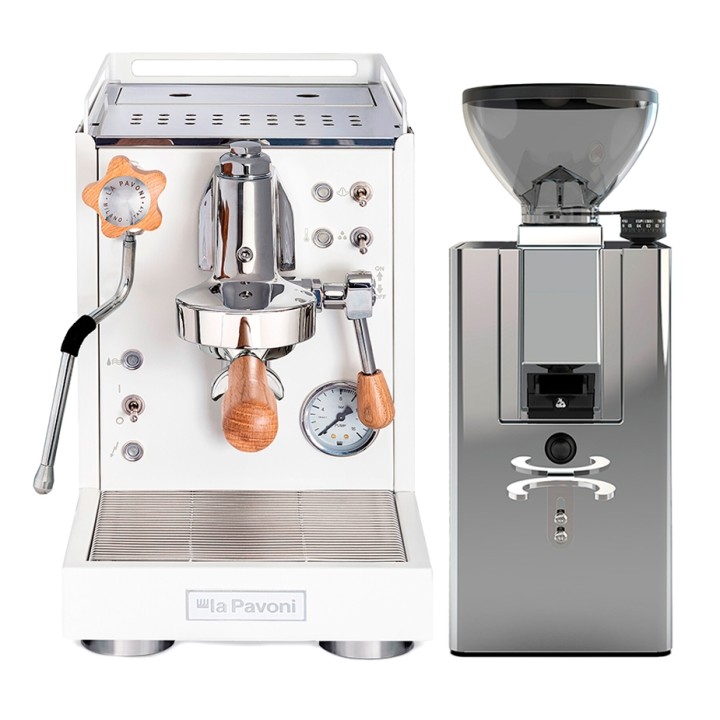 La Pavoni Mini Cellini Vit LPSMCW01EU Espressomaskin Inkl. La Pavoni New Kube Chrome LPGKBS02EU Espressokvarn