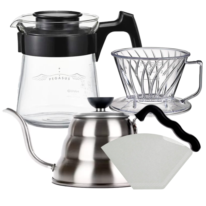 Hario Pegasus 01 Server 300ml Inkl. Pappersfilter 01, Plast Dripper 01 & V60 Kettle Buono 100 1 L Stål