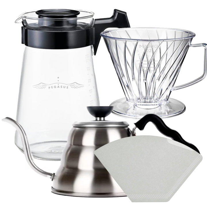 Hario Pegasus 03 Server 1000ml Inkl. Pappersfilter 03, Plast Dripper 03 & V60 Kettle Buono 100 1 L Stål