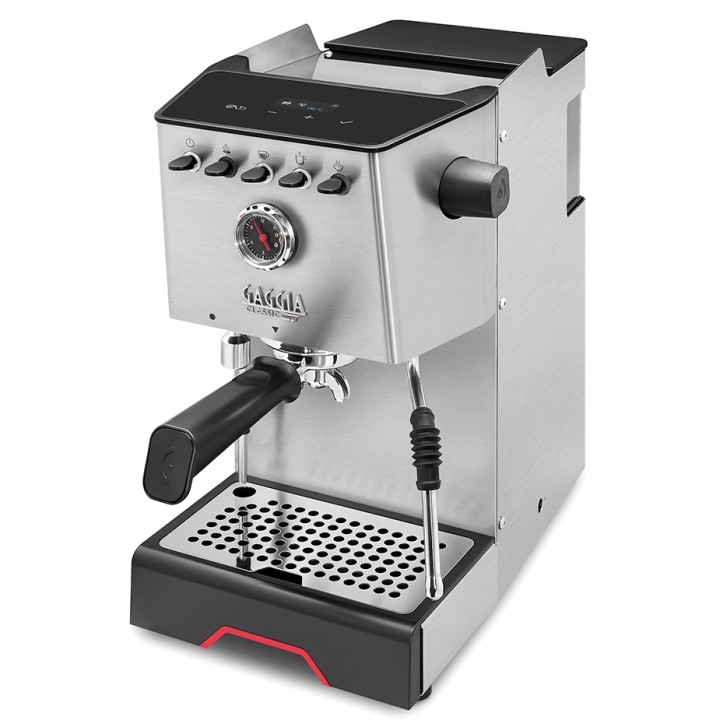 Gaggia Classic GT Stål Espressomaskin Inkl. Gaggia MDF 55 Chrome Espressokvarn & House of Barista Knockbox