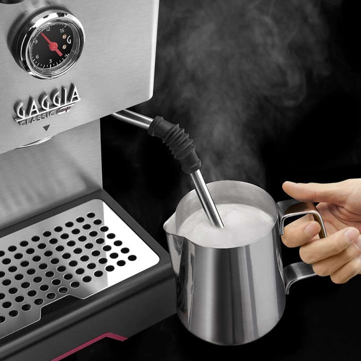Gaggia Classic GT Stål Espressomaskin Inkl. Gaggia MDF 55 Chrome Espressokvarn & House of Barista Knockbox