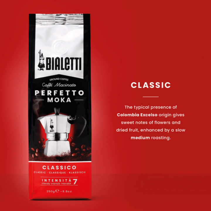 Bialetti Moka Express 6 koppar Espressokanna Alu inkl. Bialetti Perfetto Moka Classico Malet kaffe 250g