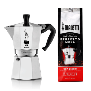 Bialetti Moka Express 6 koppar Espressokanna Alu inkl. Bialetti Perfetto Moka Classico Malet kaffe 250g