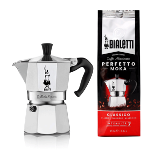 Bialetti Moka Express 3 Koppar. Espressokanna i Aluminium inkl. Bialetti Perfetto Moka Classico Malet Kaffe 250g