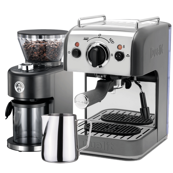 Dualit 3 in 1 espressomaskin Inkl. House of Barista Deluxe Kaffekvarn & Mjölkkanna