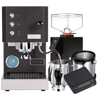 Profitec GO Matt Svart Espressomaskin Inkl. Eureka Mignon Bravo Espressokvarn, Kaffevåg & Baristautrustning
