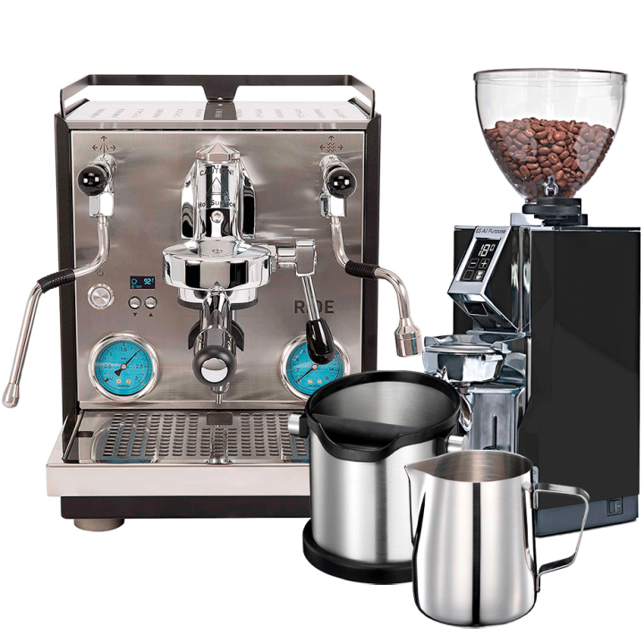 Profitec RIDE Espressomaskin Inkl. Eureka Mignon Libra 65 Krom/Mattsvart Kaffekvarn, Knockbox & Mjölkkanna 0,5L