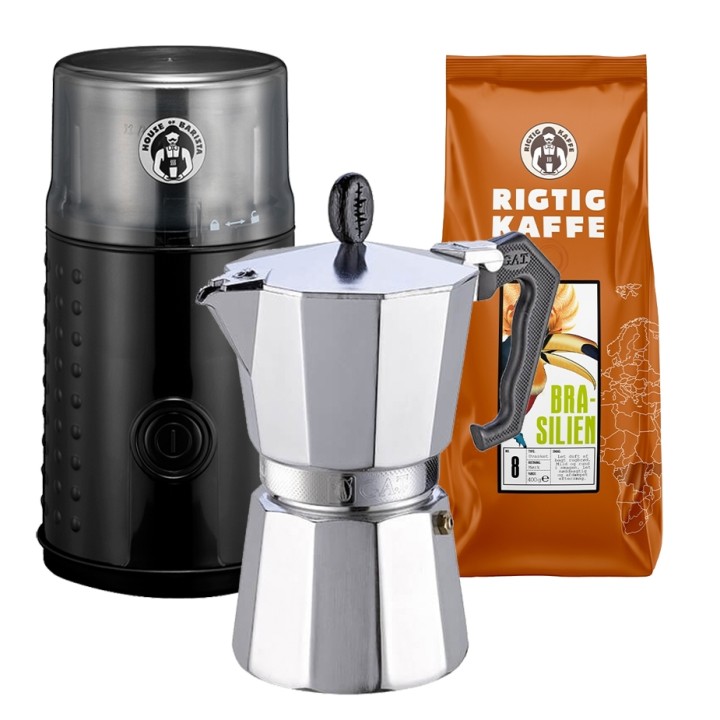 House of Barista Kaffekvarn inkl. G.A.T Lady Oro espressokanna för 6 koppar & 400 g kaffe