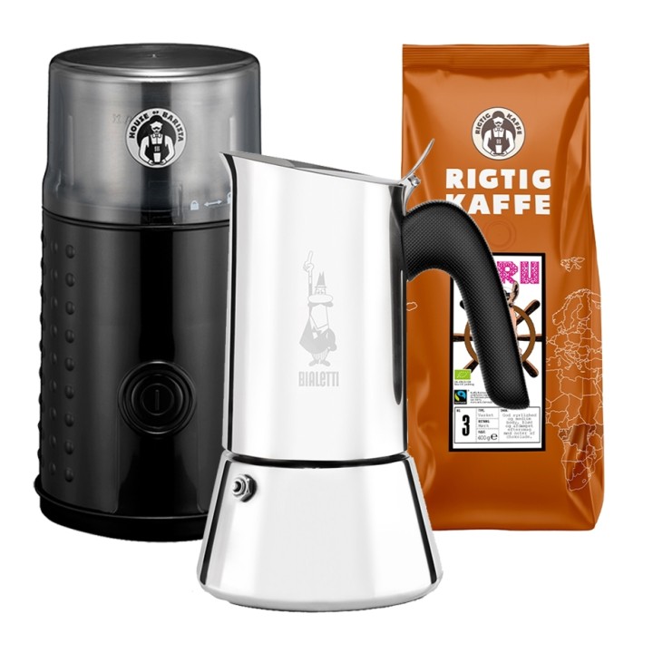 House of Barista Kaffekvarn inkl. Bialetti Venus Elegance 6 koppar espressokanna & 400 g kaffe