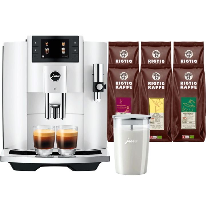 Jura E8 (EC) Piano White Espressomaskin inkl. mjölkbehållare & 6x400 g Rigtig Kaffe