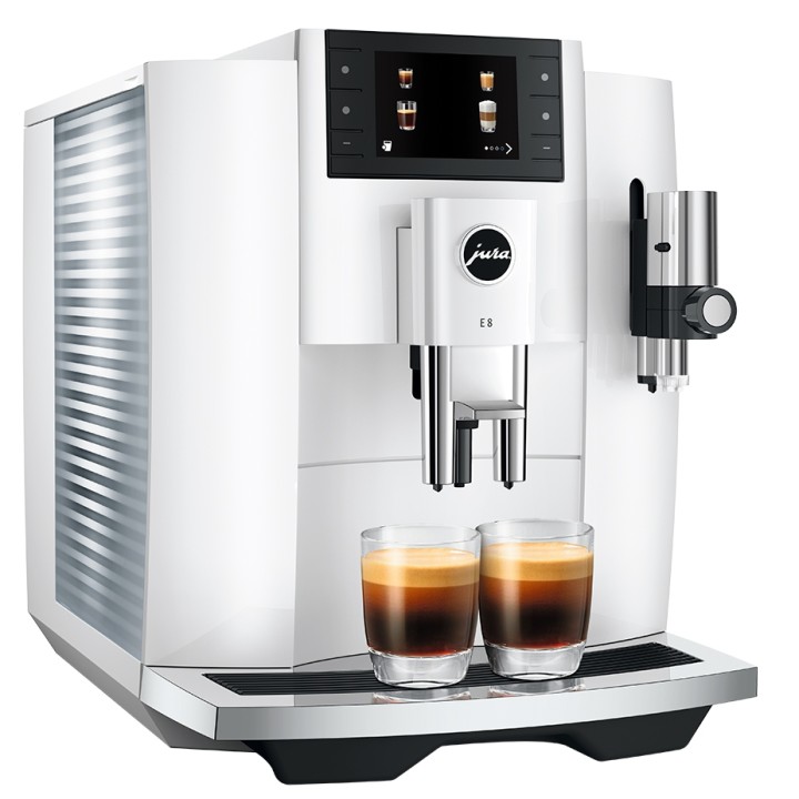 Jura E8 (EC) Piano White Espressomaskin inkl. mjölkbehållare & 6x400 g Rigtig Kaffe