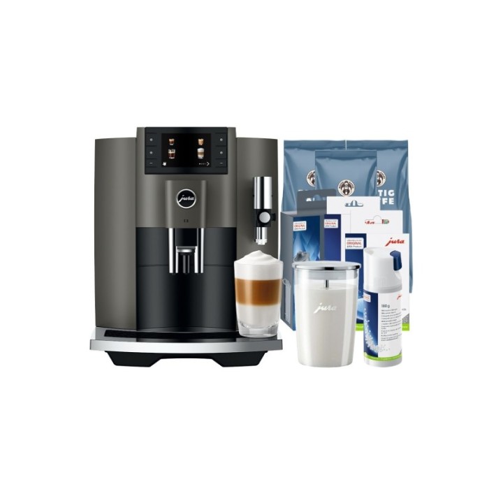 Jura E8 (EC) Dark Inox Espressomaskin Inkl. Tillbehör, Skötsel & 3 kg Super Crema