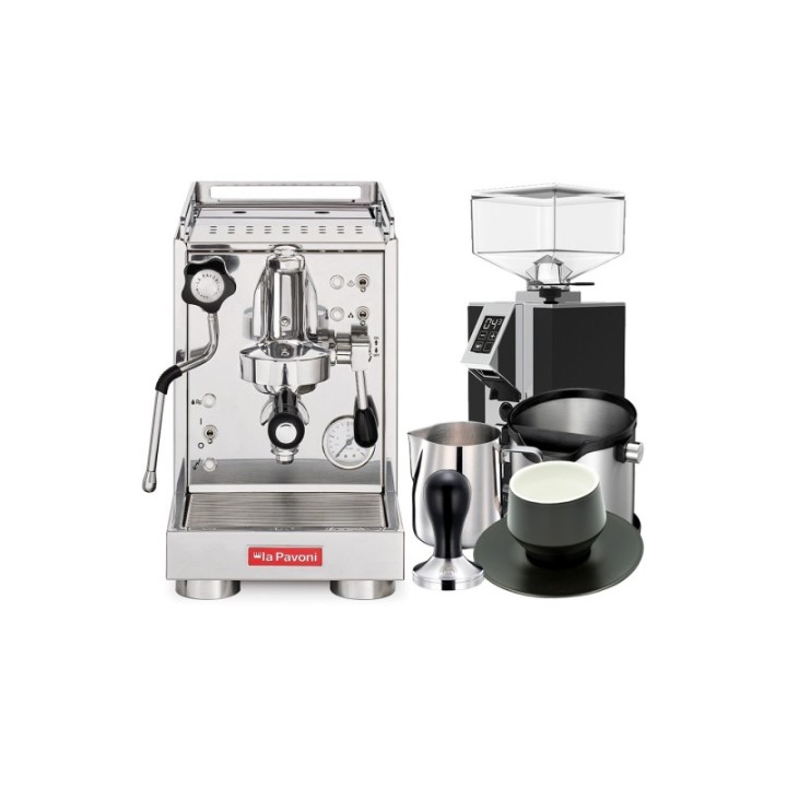 La Pavoni Mini Cellini LPSMCS01EU inkl. Eureka Mignon Turbo espressokvarn, baristautrustning & koppar