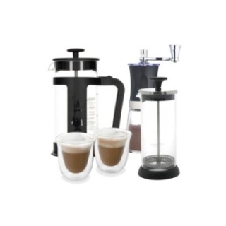 Bialetti 3-kopps stempelkanna inkl. kaffekvarn, mjölkskummare & glas