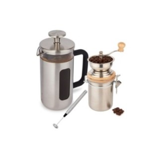 La Cafetière Pisa 3-kopps stempelkanna i rostfritt stål, kaffekvarn och mjölkskummare