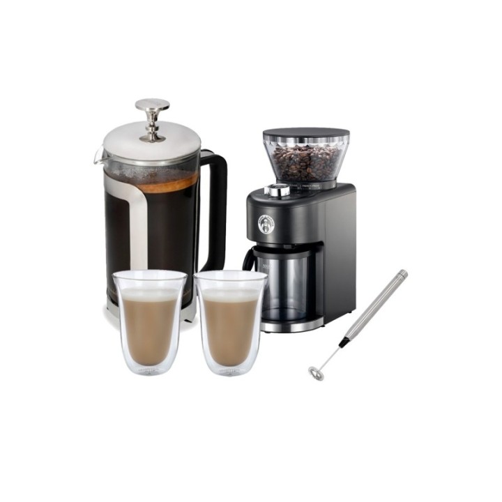 La Cafetière Roma 8 koppar. Stempelkanna i rostfritt stål, kaffekvarn, latteglas och mjölkskummare