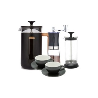 La Cafetière Pisa 3 koppar. Stempelkanna svart, kaffekvarn, mjölkskummare och Club House Tulipano Cappuccino-koppar