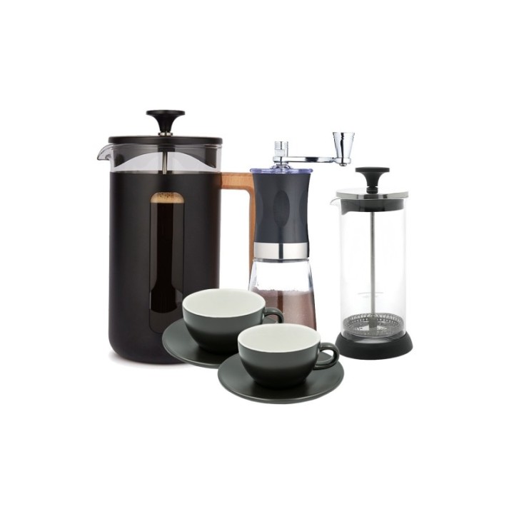 La Cafetière Pisa 3 koppar. Stempelkanna svart, kaffekvarn, mjölkskummare och Club House Tulipano Cappuccino-koppar