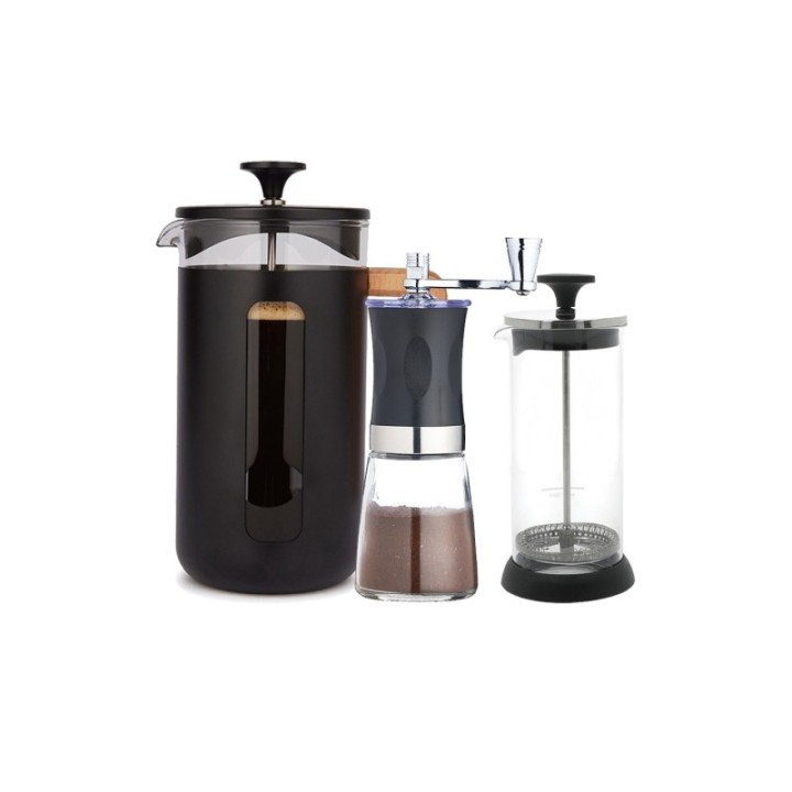 La Cafetière Pisa 8 koppar stempelkanna svart, mjölkskummare och kaffekvarn