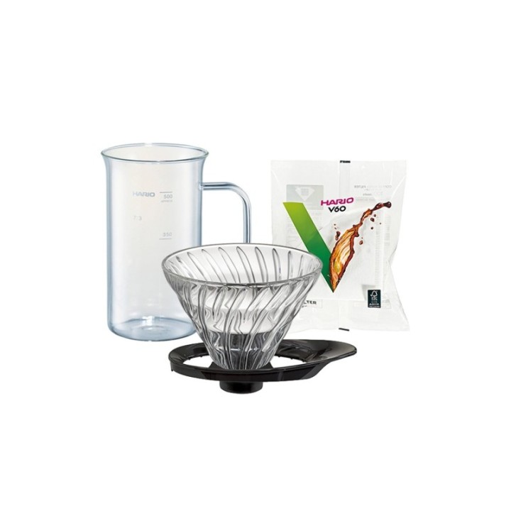 Hario V60-02 Glas Dripper Svart 2 koppar. Hario Craft Science Beaker Server 50 cl och Hario Pappersfilter 2 koppar, 100 st.