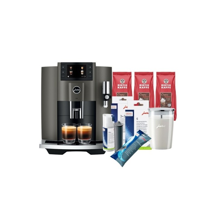 Jura E8 (EC) Dark Inox Espressomaskin Inkl. Startpaket (DK språk), Mjölkbehållare, Rigtig Kaffe & Skötsel