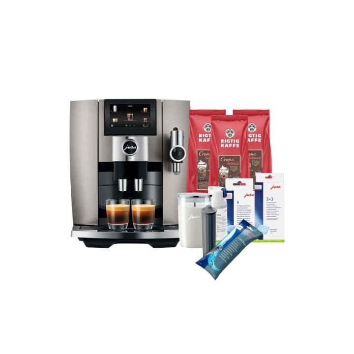 Jura J8 (EA) Midnight Silver Espressomaskin Inkl. Startpaket DK-språk, Mjölkbehållare, 3kg Rigtig Kaffe & Skötsel
