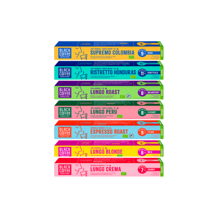 Black Coffee Roasters Mixpaket Ekologiska Kaffekapslar 7x10 st
