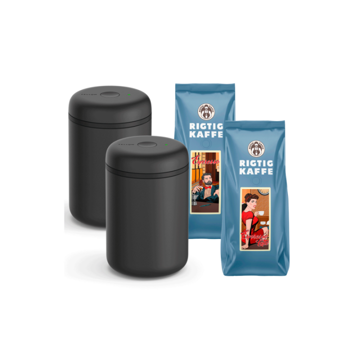Fellow Atmos vakuum kaffebehållare svart 1,2 L 2 st inkl. 2x500 g Rigtig Kaffe Espresso & Espresso Latte