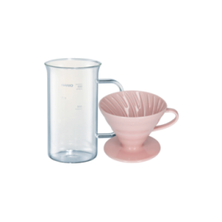 Hario Craft Science Beaker Server 50 cl inkl. Hario V60-02 keramisk dripper rosa 2 koppar.
