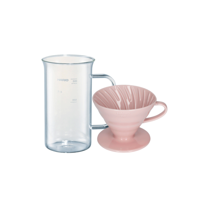 Hario Craft Science Beaker Server 50 cl inkl. Hario V60-02 keramisk dripper rosa 2 koppar.