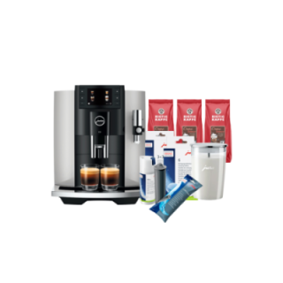 Jura E8 (EC) Platin Espressomaskin Inkl. Startpaket (DK-språk), Mjölkbehållare, 3kg Rigtig Kaffe & Skötsel