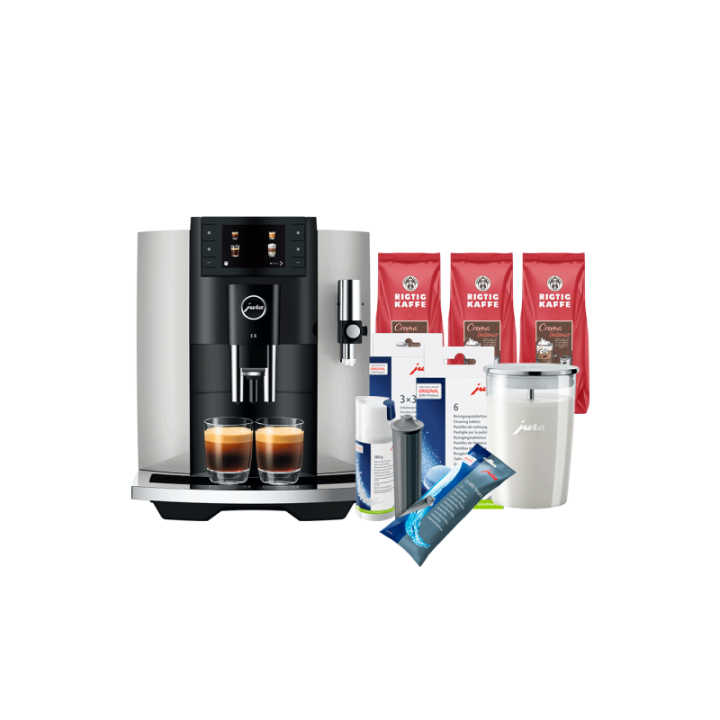 Jura E8 (EC) Platin Espressomaskin Inkl. Startpaket (DK-språk), Mjölkbehållare, 3kg Rigtig Kaffe & Skötsel