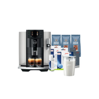 Jura E8 (EC) Platin espressomaskin Inkl. Startpaket (DK språk), Mjölkbehållare, 3kg Rigtig Kaffe Super Crema & Skötsel