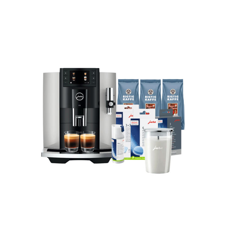 Jura E8 (EC) Platin espressomaskin Inkl. Startpaket (DK språk), Mjölkbehållare, 3kg Rigtig Kaffe Super Crema & Skötsel