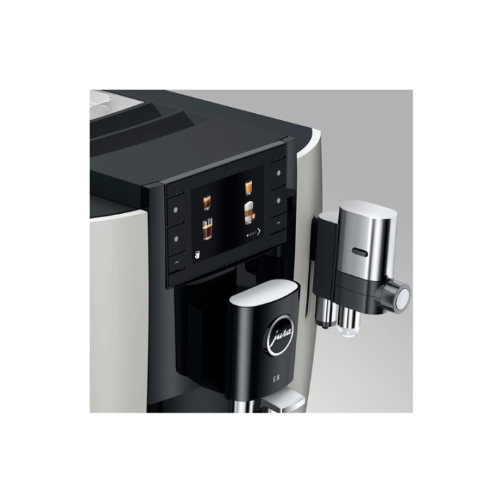 Jura E8 (EC) Platin Espressomaskin Inkl. Startpaket (DK-språk), Mjölkbehållare, 3kg Rigtig Kaffe & Skötsel